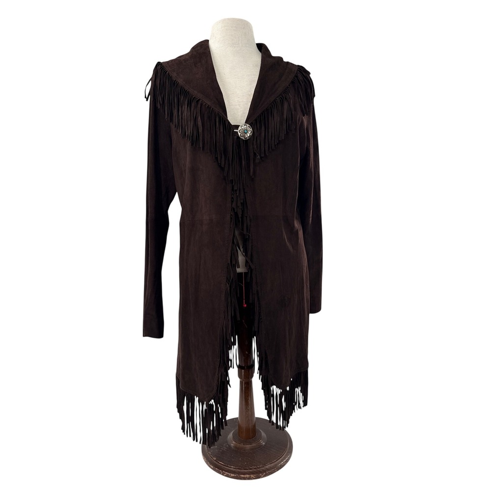 Tasha Polizzi Jacket Women Brown Fringe Suede Duster Concho Button Coat